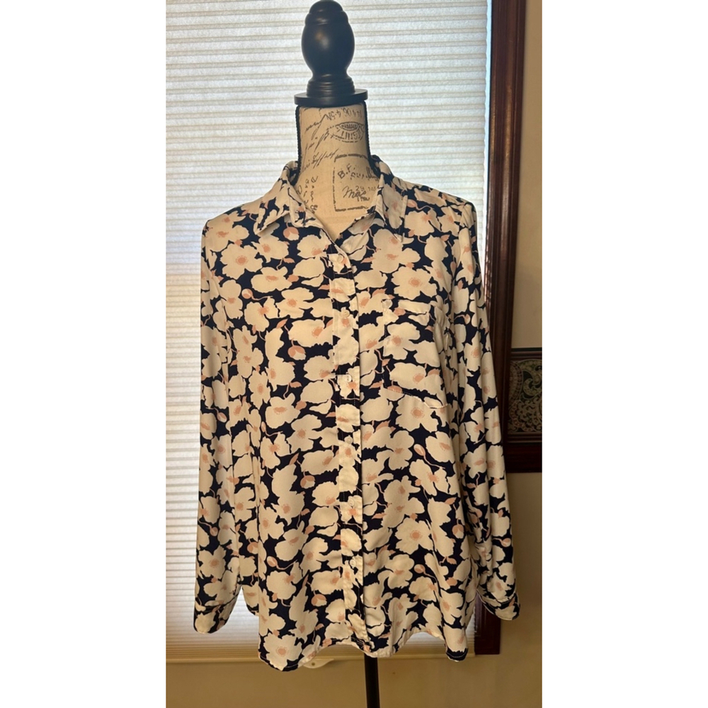 Anthropologie Skies Are Blue Large Floral Longsleeve Blouse w Roll Tab Sleeves